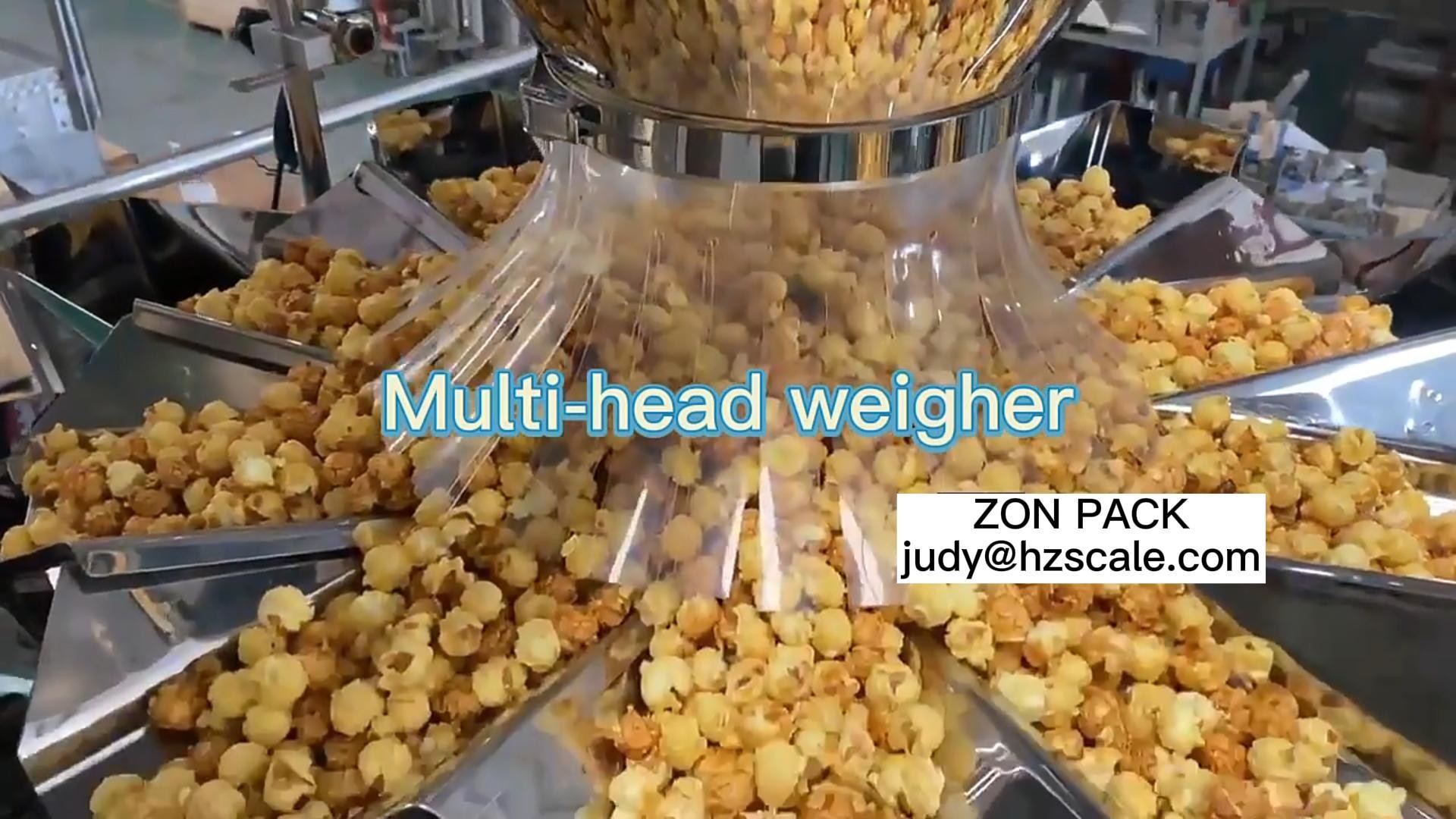 Snack food nuts popcorn vertical packing machine with bag forming machine and multihead weigher